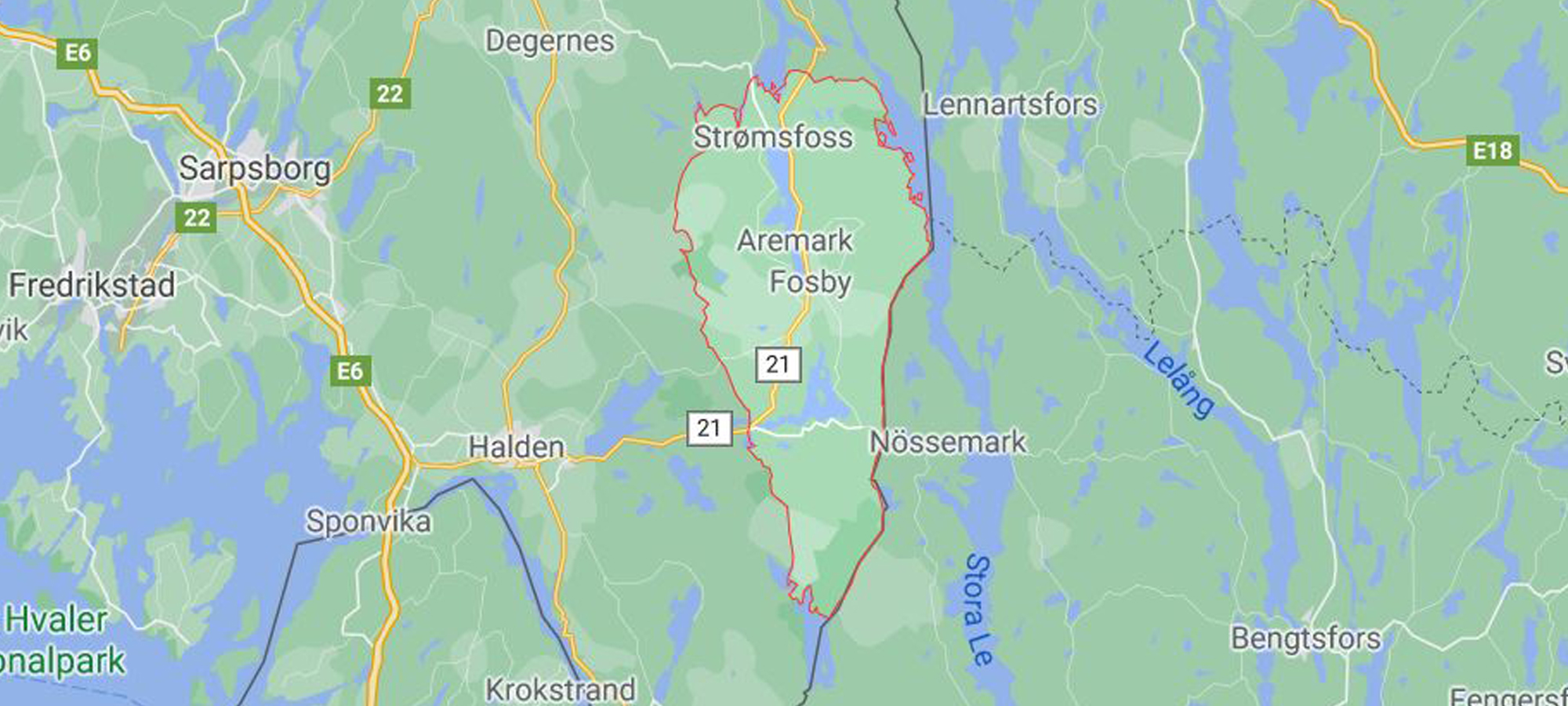 Kartutsnitt av Aremark kommune. Kilde: Google Maps